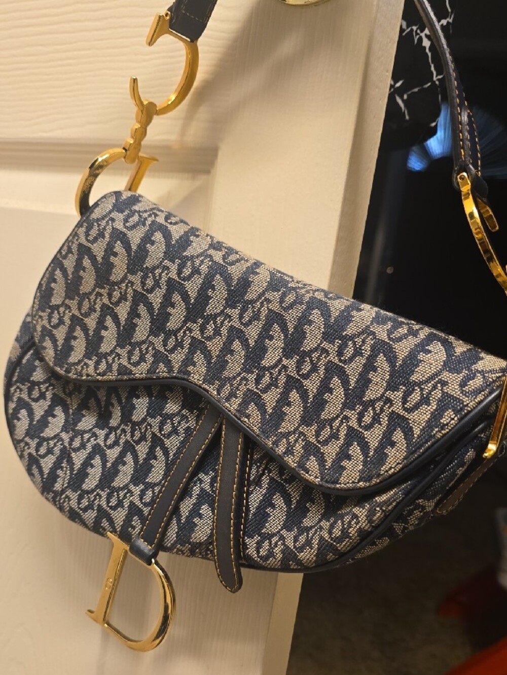 Dior Blue and Cream Saddle Shoulder Bag with Gold Hardware - Picture 3 of 17